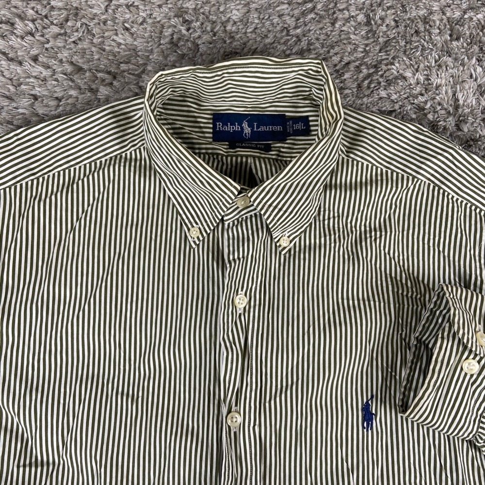Ralph Lauren Classic Fit Mens 16 L Green Striped Long Sleeve Button Down Shirt